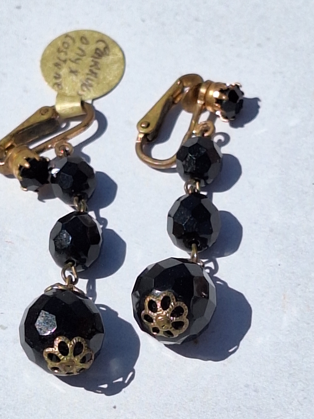 Mid Century Black Faceted Bead Drop Clip On Earrings‎ Gold Filigree Flower Caps